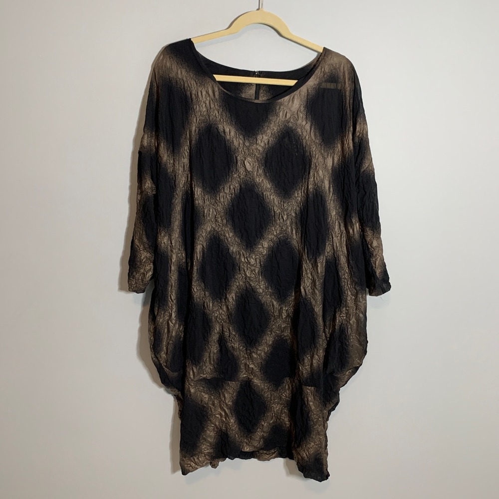 Gershon BRAM Diamond Pattern Crinkle Texture‎ Midi Dress Women's Black Tan